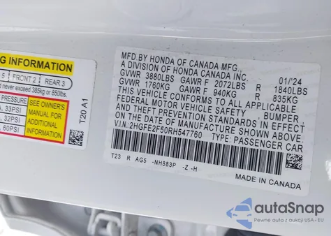 2024 Honda Civic Sport из США, поврежденный, VIN 2HGFE2F50RH547760